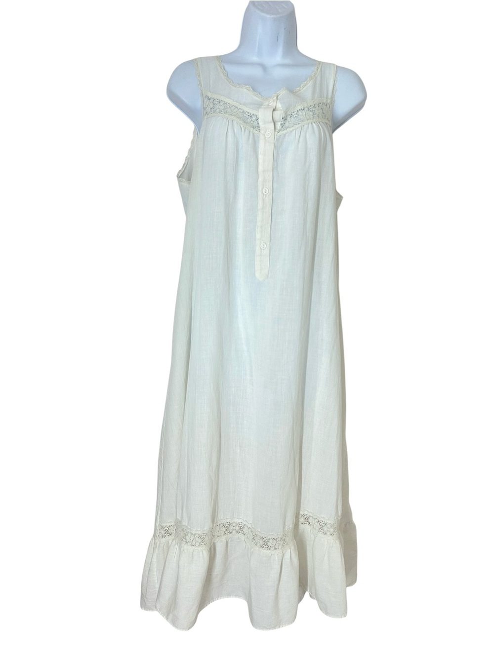 Vintage Ivory Sleeveless Cotton Lace Trim Maxi Dress Nightgown Semi-sheer M/L